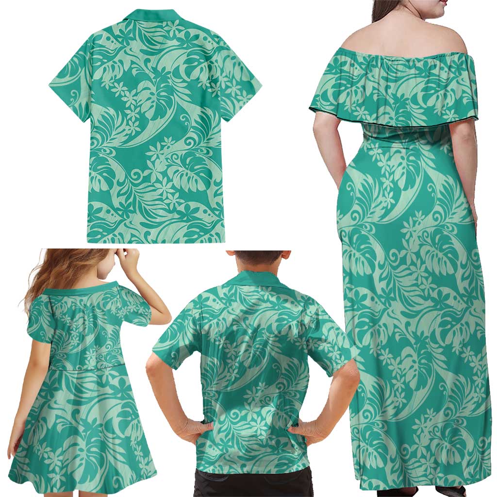Tahiti Teal Tiare Floral Family Matching Off Shoulder Maxi Dress and Hawaiian Shirt Monstera Palm Tropical Leaves LT01 - Polynesian Pride
