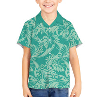 Tahiti Teal Tiare Floral Family Matching Off Shoulder Maxi Dress and Hawaiian Shirt Monstera Palm Tropical Leaves LT01 Son's Shirt Teal - Polynesian Pride