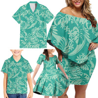 Tahiti Teal Tiare Floral Family Matching Off Shoulder Short Dress and Hawaiian Shirt Monstera Palm Tropical Leaves LT01 - Polynesian Pride