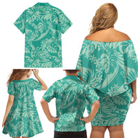 Tahiti Teal Tiare Floral Family Matching Off Shoulder Short Dress and Hawaiian Shirt Monstera Palm Tropical Leaves LT01 - Polynesian Pride