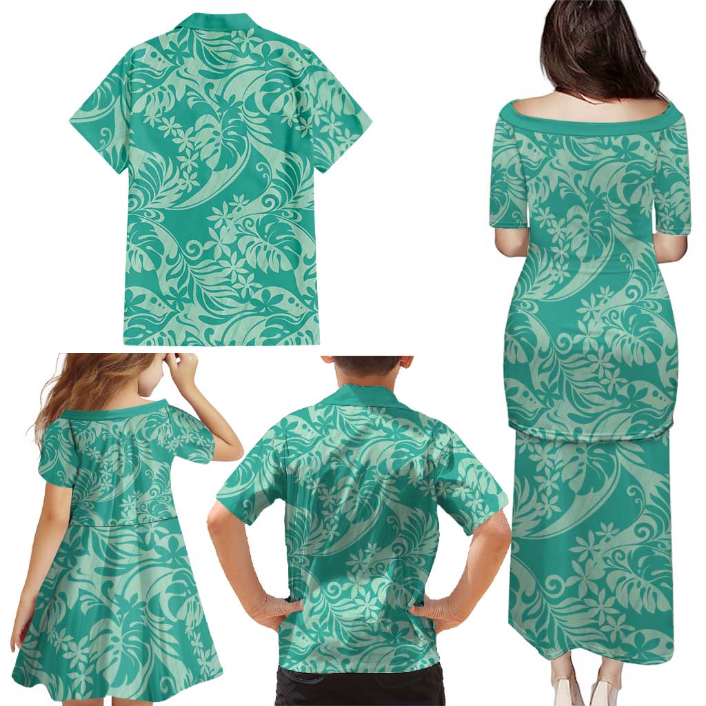 Tahiti Teal Tiare Floral Family Matching Puletasi and Hawaiian Shirt Monstera Palm Tropical Leaves LT01 - Polynesian Pride