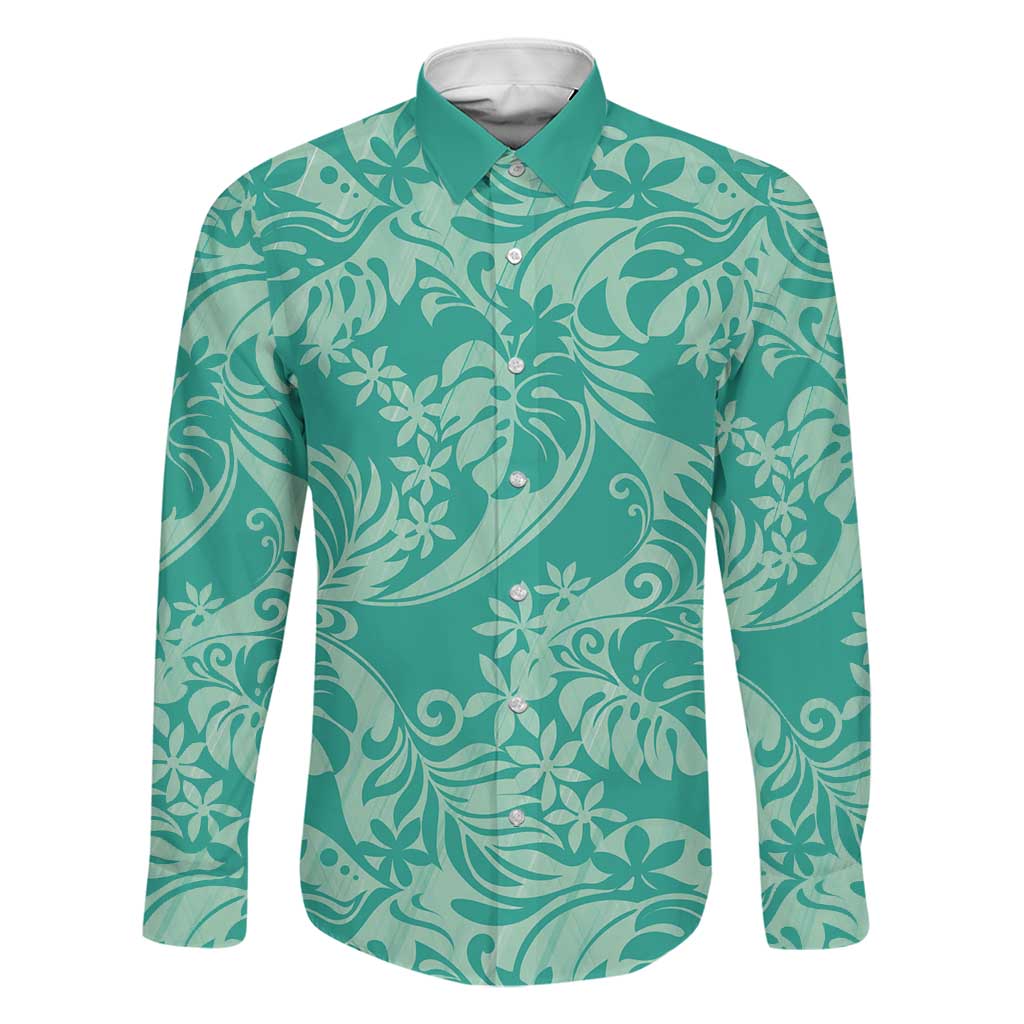 Tahiti Teal Tiare Floral Family Matching Puletasi and Hawaiian Shirt Monstera Palm Tropical Leaves LT01 Dad's Shirt - Long Sleeve Teal - Polynesian Pride