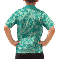 Tahiti Teal Tiare Floral Family Matching Short Sleeve Bodycon Dress and Hawaiian Shirt Monstera Palm Tropical Leaves LT01 - Polynesian Pride