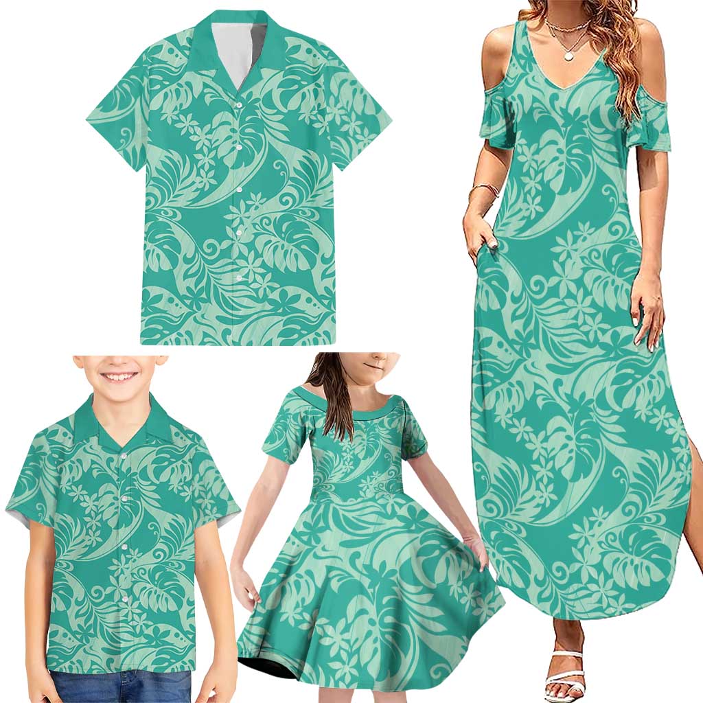Tahiti Teal Tiare Floral Family Matching Summer Maxi Dress and Hawaiian Shirt Monstera Palm Tropical Leaves LT01 - Polynesian Pride
