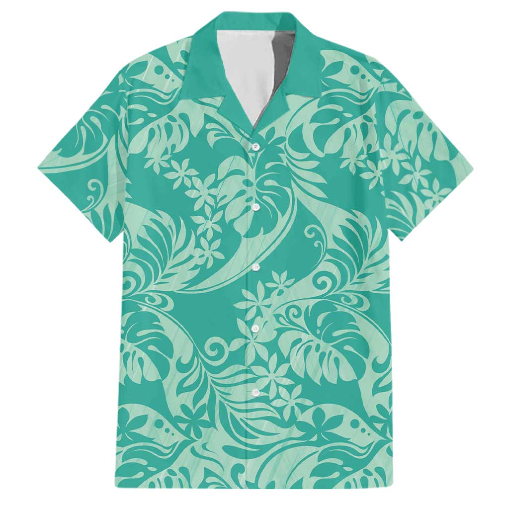 Tahiti Teal Tiare Floral Family Matching Summer Maxi Dress and Hawaiian Shirt Monstera Palm Tropical Leaves LT01 Dad's Shirt - Short Sleeve Teal - Polynesian Pride