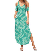 Tahiti Teal Tiare Floral Family Matching Summer Maxi Dress and Hawaiian Shirt Monstera Palm Tropical Leaves LT01 Mom's Dress Teal - Polynesian Pride