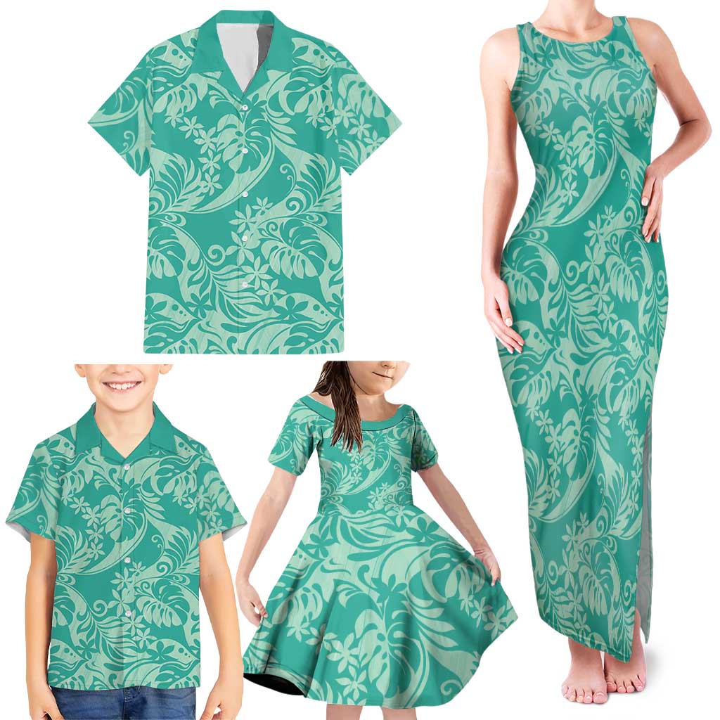 Tahiti Teal Tiare Floral Family Matching Tank Maxi Dress and Hawaiian Shirt Monstera Palm Tropical Leaves LT01 - Polynesian Pride
