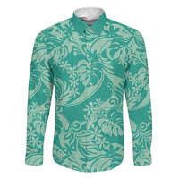 Tahiti Teal Tiare Floral Family Matching Tank Maxi Dress and Hawaiian Shirt Monstera Palm Tropical Leaves LT01 Dad's Shirt - Long Sleeve Teal - Polynesian Pride