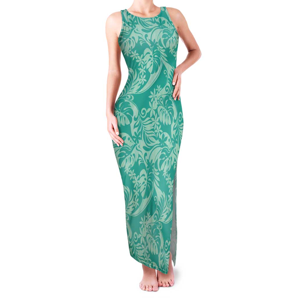 Tahiti Teal Tiare Floral Family Matching Tank Maxi Dress and Hawaiian Shirt Monstera Palm Tropical Leaves LT01 Mom's Dress Teal - Polynesian Pride