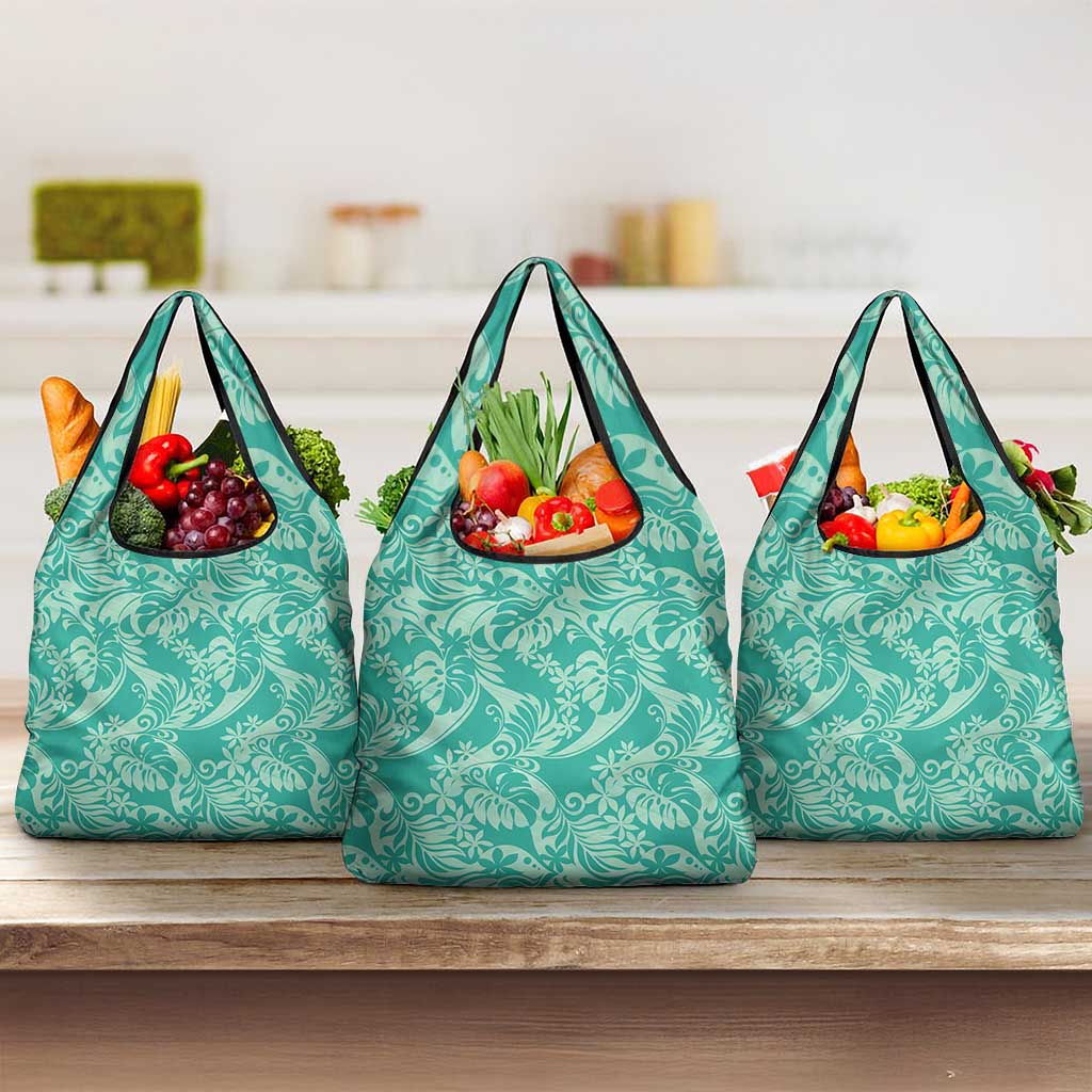 Tahiti Teal Tiare Floral Grocery Bag Monstera Palm Tropical Leaves LT01 3-pack One Size Teal - Polynesian Pride