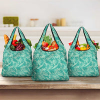 Tahiti Teal Tiare Floral Grocery Bag Monstera Palm Tropical Leaves LT01 3-pack One Size Teal - Polynesian Pride