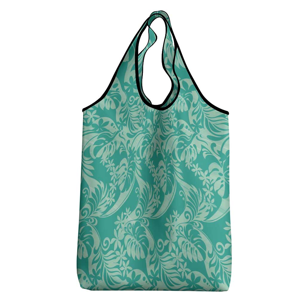 Tahiti Teal Tiare Floral Grocery Bag Monstera Palm Tropical Leaves LT01 - Polynesian Pride