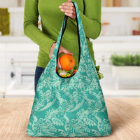 Tahiti Teal Tiare Floral Grocery Bag Monstera Palm Tropical Leaves LT01 - Polynesian Pride