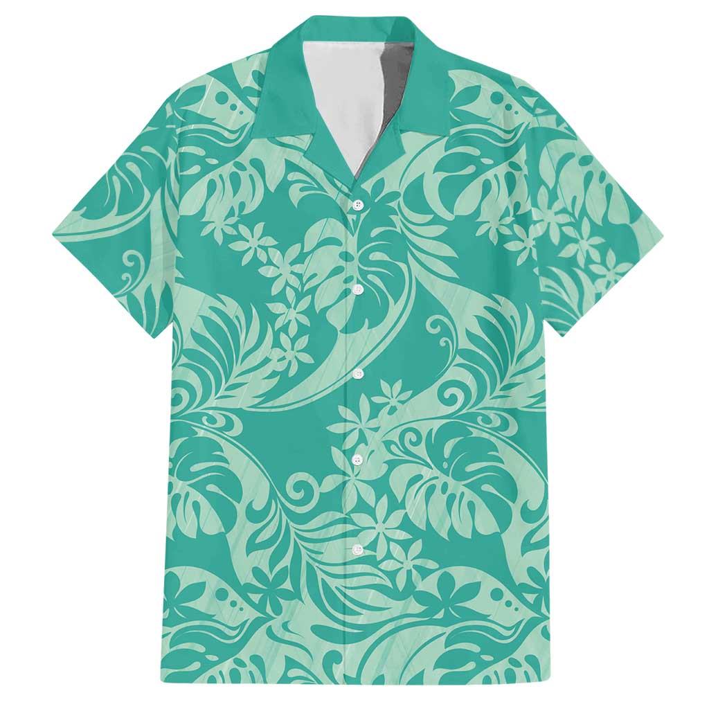 Tahiti Teal Tiare Floral Hawaiian Shirt Monstera Palm Tropical Leaves - Polynesian Pride
