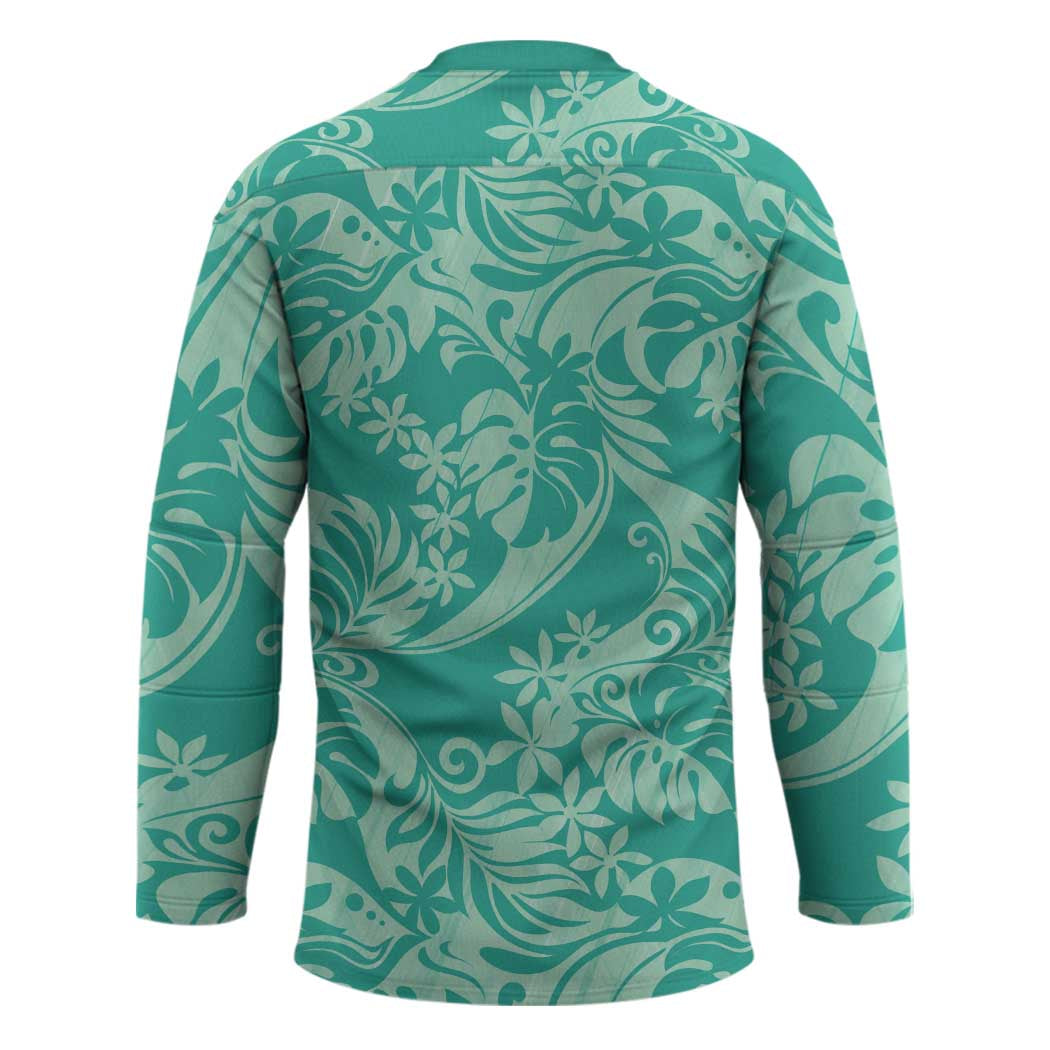 Tahiti Teal Tiare Floral Hockey Jersey Monstera Palm Tropical Leaves - Polynesian Pride