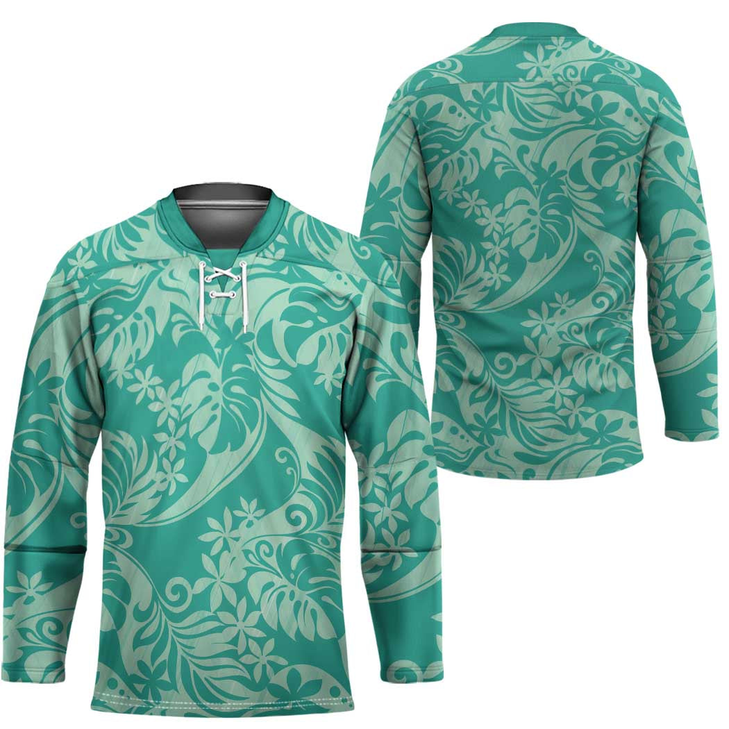 Tahiti Teal Tiare Floral Hockey Jersey Monstera Palm Tropical Leaves - Polynesian Pride