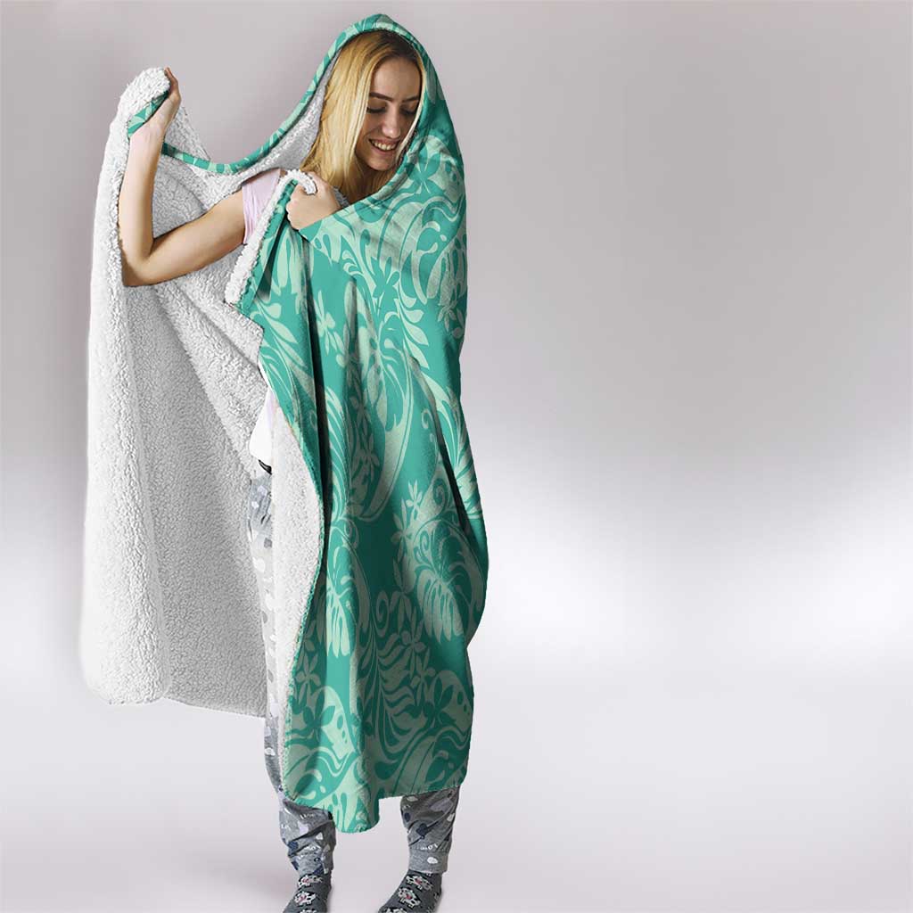 Tahiti Teal Tiare Floral Hooded Blanket Monstera Palm Tropical Leaves - Polynesian Pride