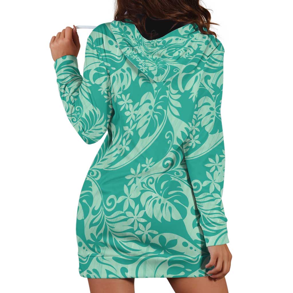 Tahiti Teal Tiare Floral Hoodie Dress Monstera Palm Tropical Leaves LT01 - Polynesian Pride