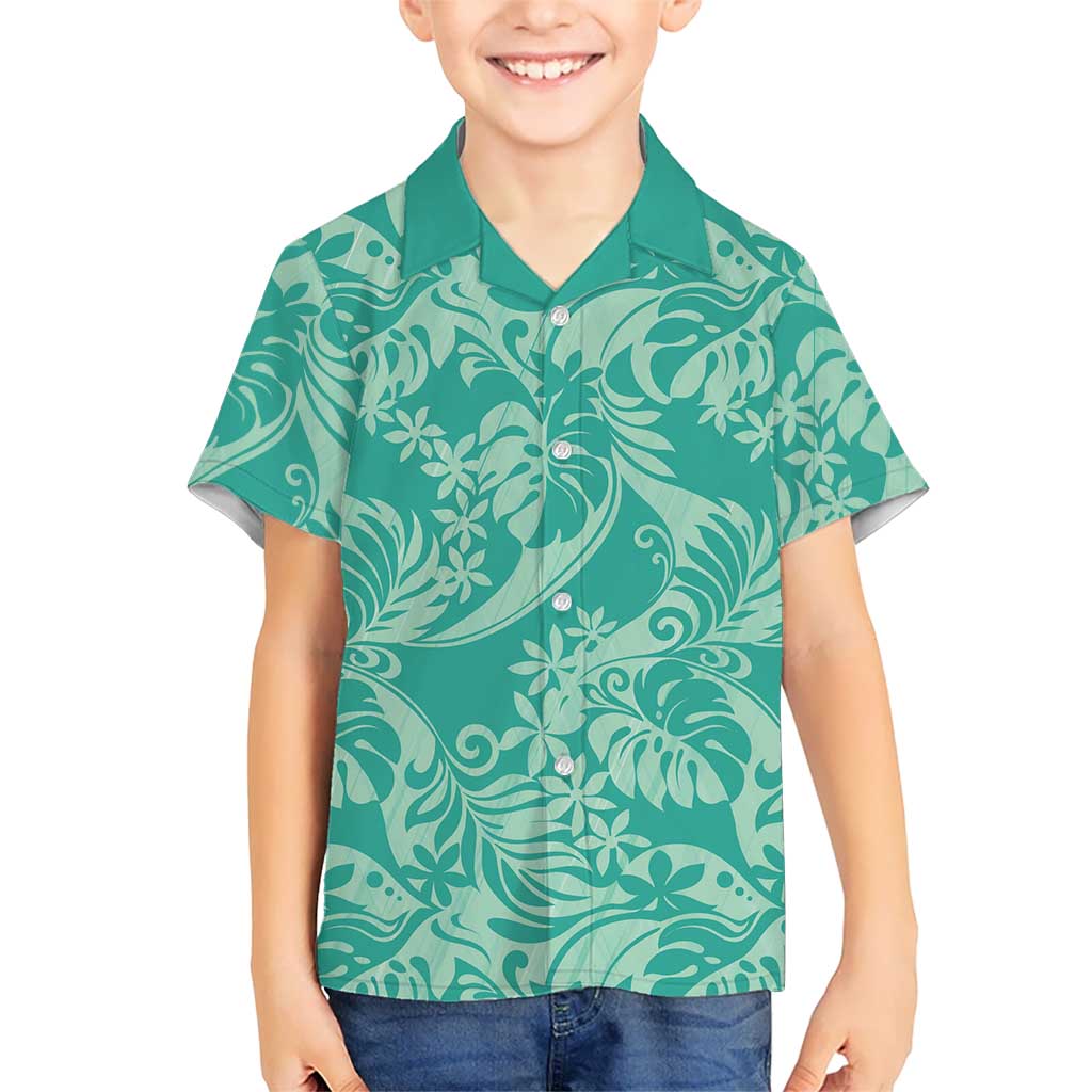 Tahiti Teal Tiare Floral Kid Hawaiian Shirt Monstera Palm Tropical Leaves - Polynesian Pride
