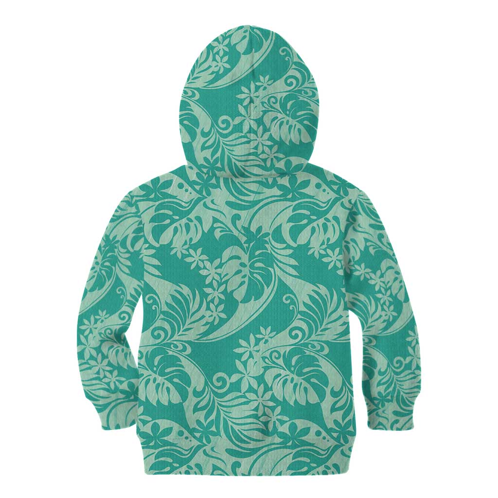 Tahiti Teal Tiare Floral Kid Hoodie Monstera Palm Tropical Leaves - Polynesian Pride