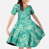 Tahiti Teal Tiare Floral Kid Short Sleeve Dress Monstera Palm Tropical Leaves - Polynesian Pride