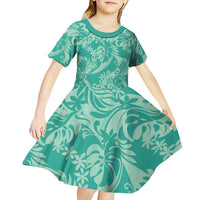 Tahiti Teal Tiare Floral Kid Short Sleeve Dress Monstera Palm Tropical Leaves - Polynesian Pride