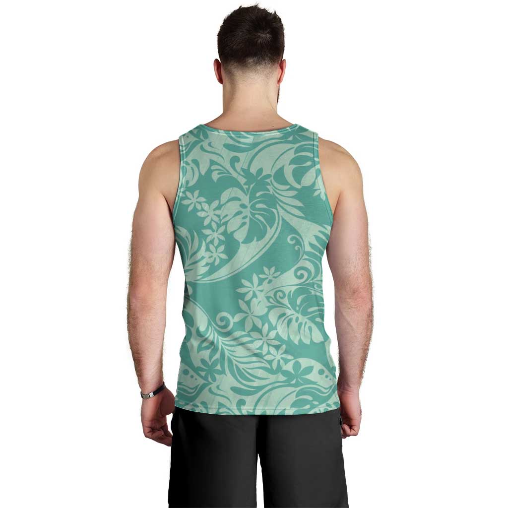Tahiti Teal Tiare Floral Men Tank Top Monstera Palm Tropical Leaves - Polynesian Pride