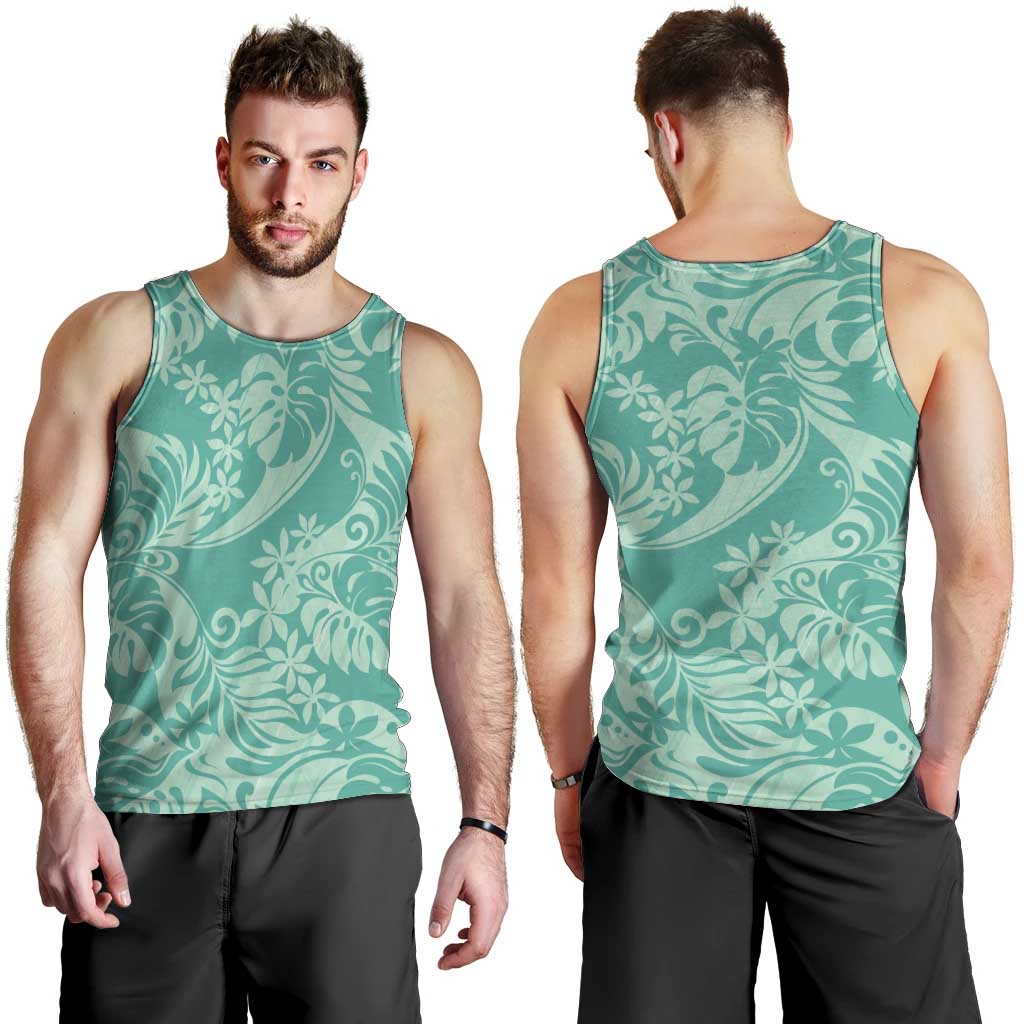 Tahiti Teal Tiare Floral Men Tank Top Monstera Palm Tropical Leaves - Polynesian Pride