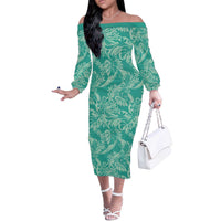 Tahiti Teal Tiare Floral Off The Shoulder Long Sleeve Dress Monstera Palm Tropical Leaves - Polynesian Pride
