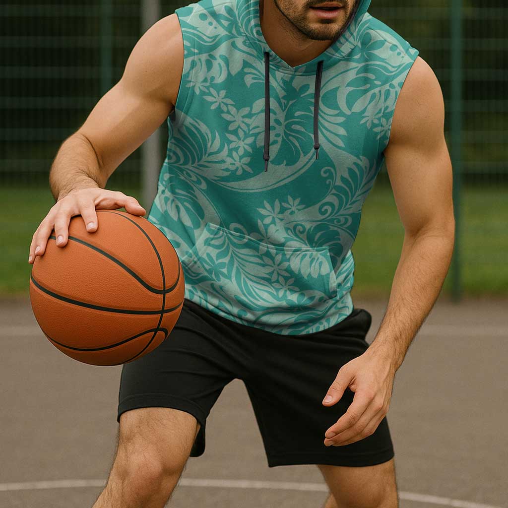 Tahiti Teal Tiare Floral Sleeveless Hoodie Monstera Palm Tropical Leaves - Polynesian Pride