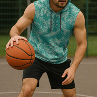 Tahiti Teal Tiare Floral Sleeveless Hoodie Monstera Palm Tropical Leaves - Polynesian Pride