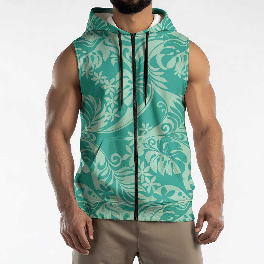 Tahiti Teal Tiare Floral Sleeveless Zip Hoodie Monstera Palm Tropical Leaves - Polynesian Pride