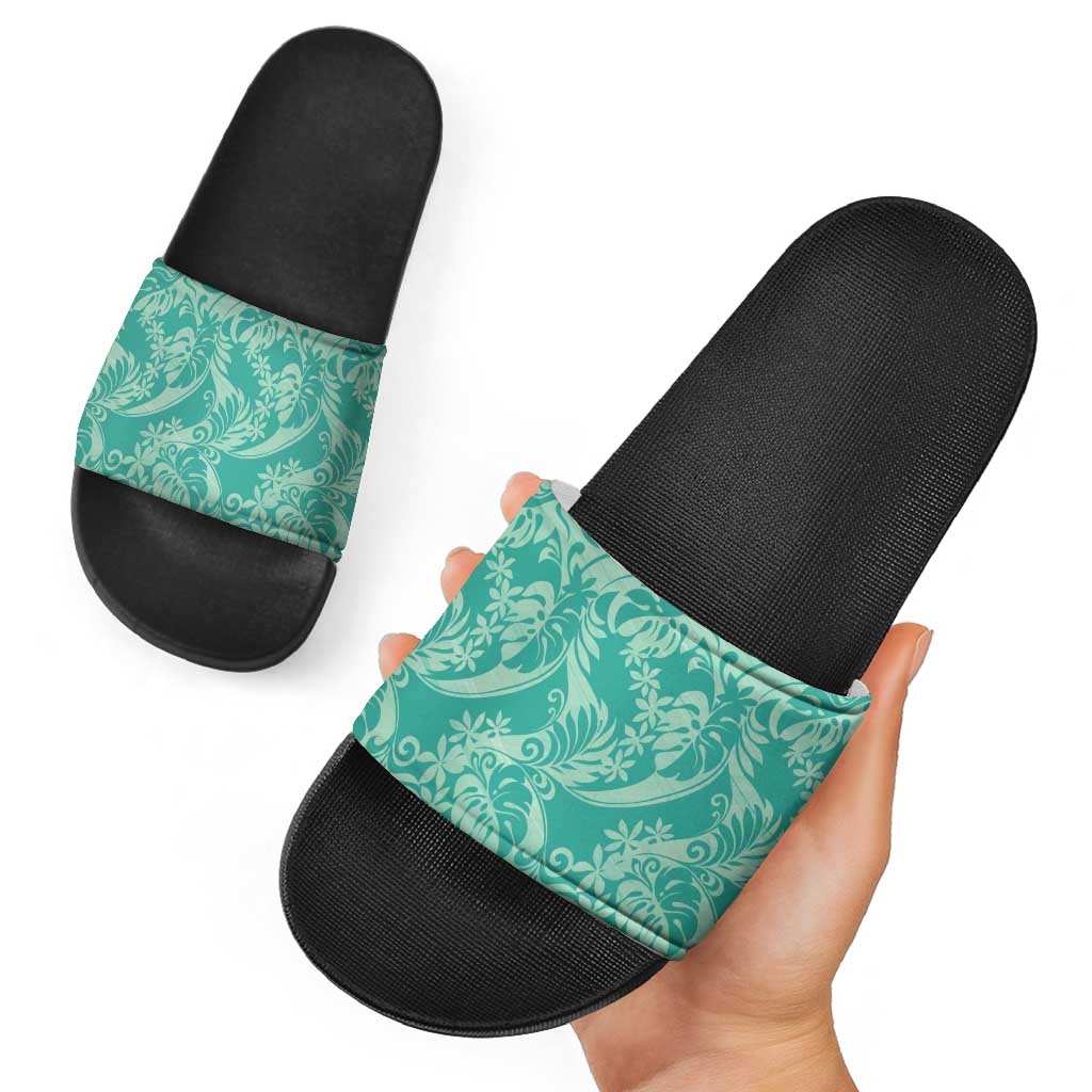 Tahiti Teal Tiare Floral Slide Sandals Monstera Palm Tropical Leaves - Polynesian Pride