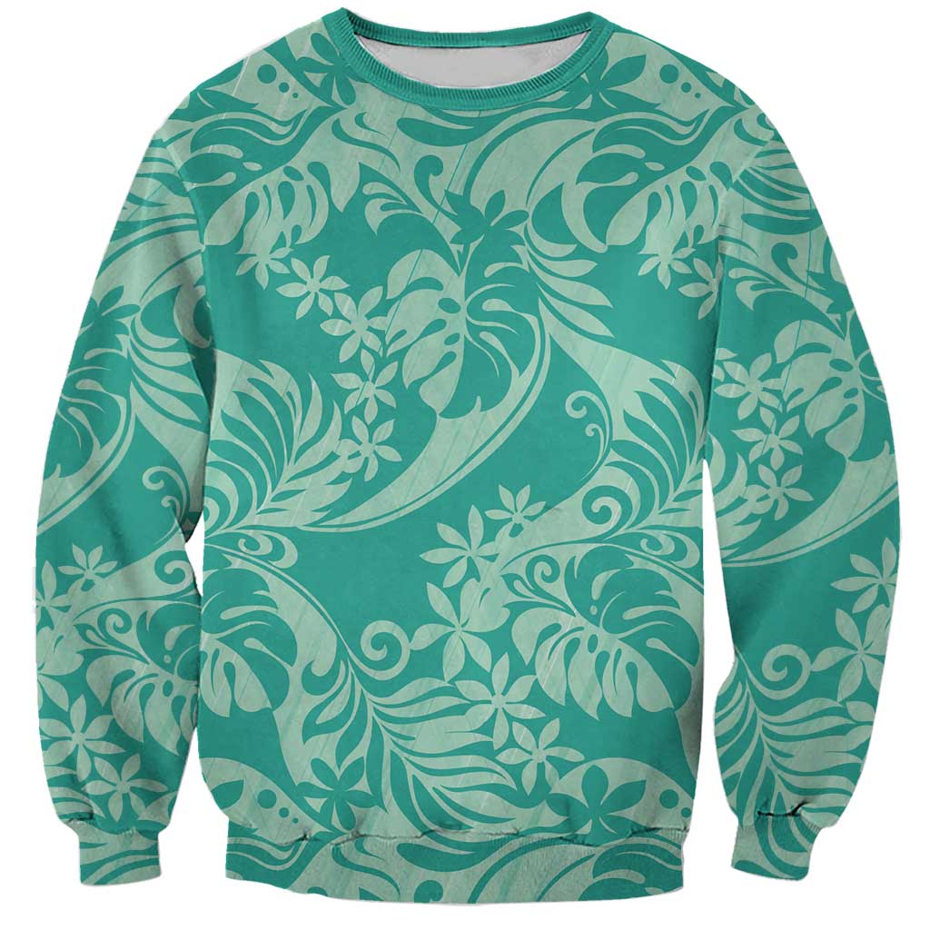 Tahiti Teal Tiare Floral Sweatshirt Monstera Palm Tropical Leaves LT01 Unisex Teal - Polynesian Pride