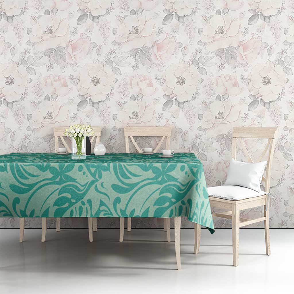 Tahiti Teal Tiare Floral Tablecloth Monstera Palm Tropical Leaves - Polynesian Pride