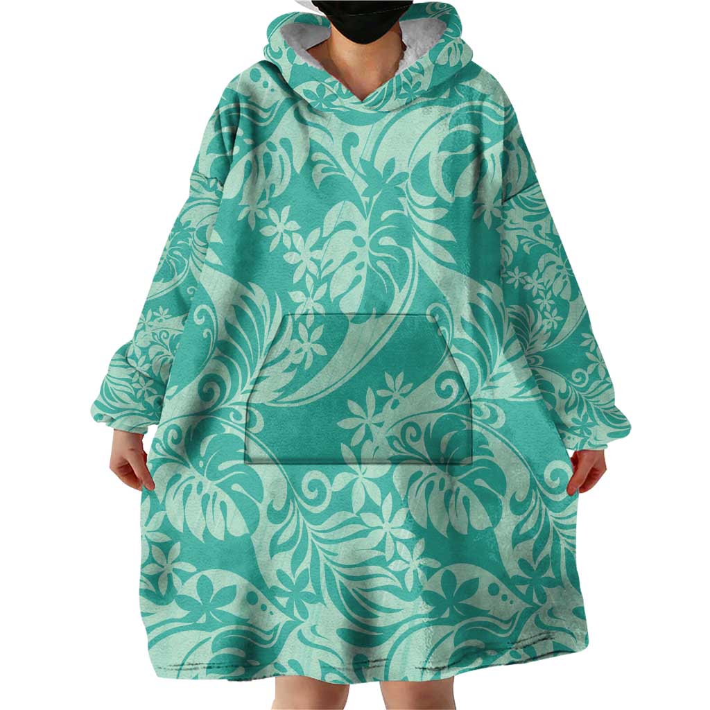 Tahiti Teal Tiare Floral Wearable Blanket Hoodie Monstera Palm Tropical Leaves - Polynesian Pride