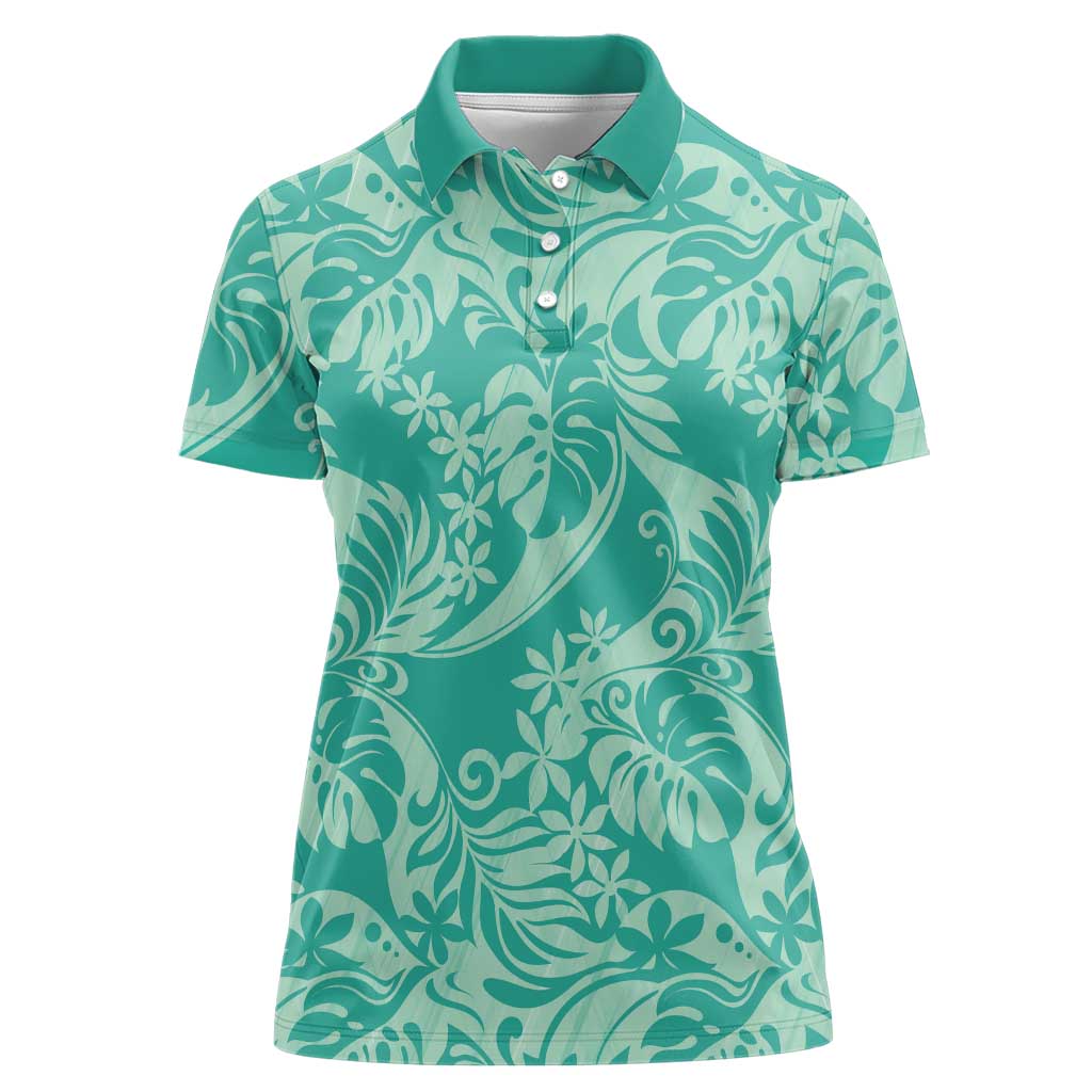 Tahiti Teal Tiare Floral Women Polo Shirt Monstera Palm Tropical Leaves - Polynesian Pride