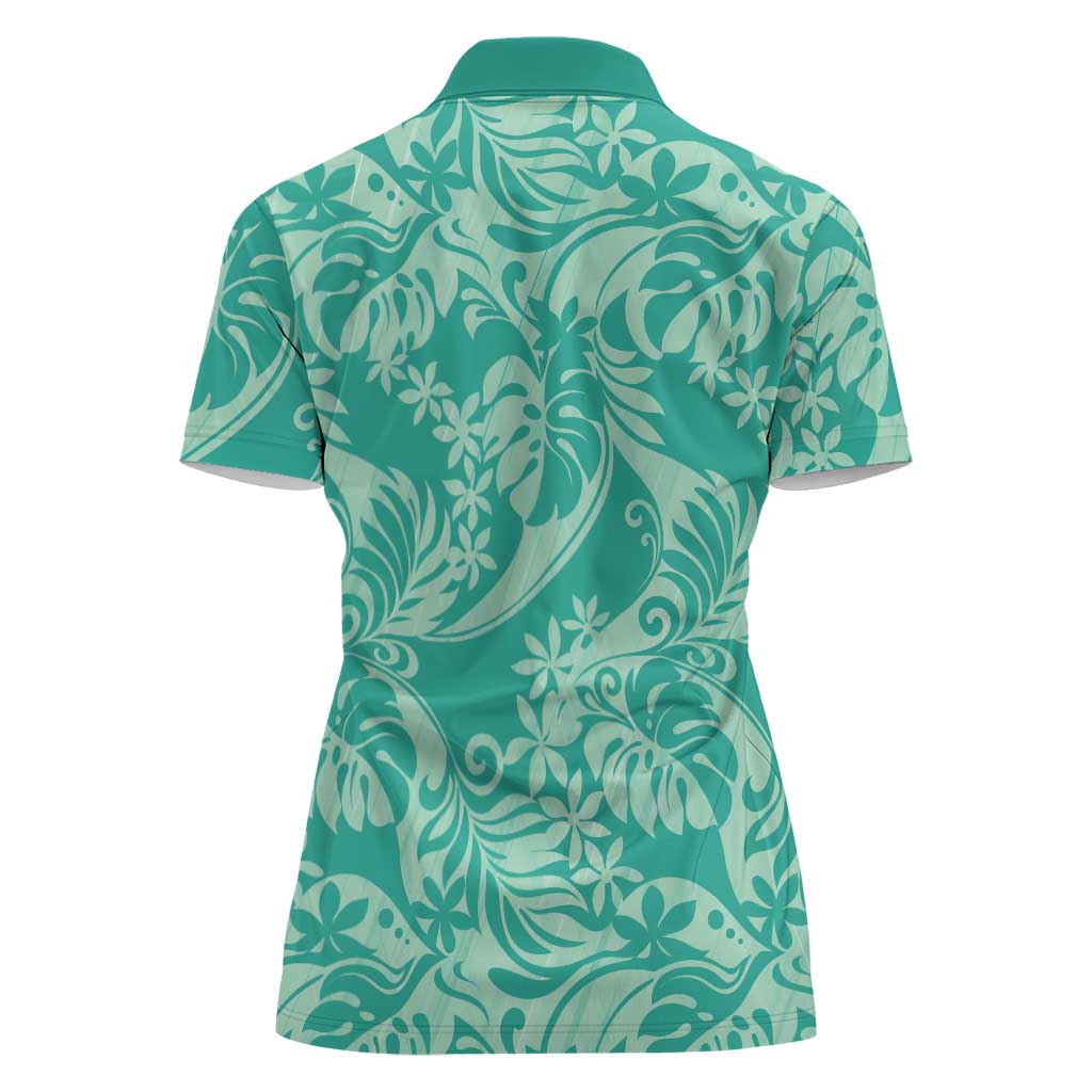 Tahiti Teal Tiare Floral Women Polo Shirt Monstera Palm Tropical Leaves - Polynesian Pride