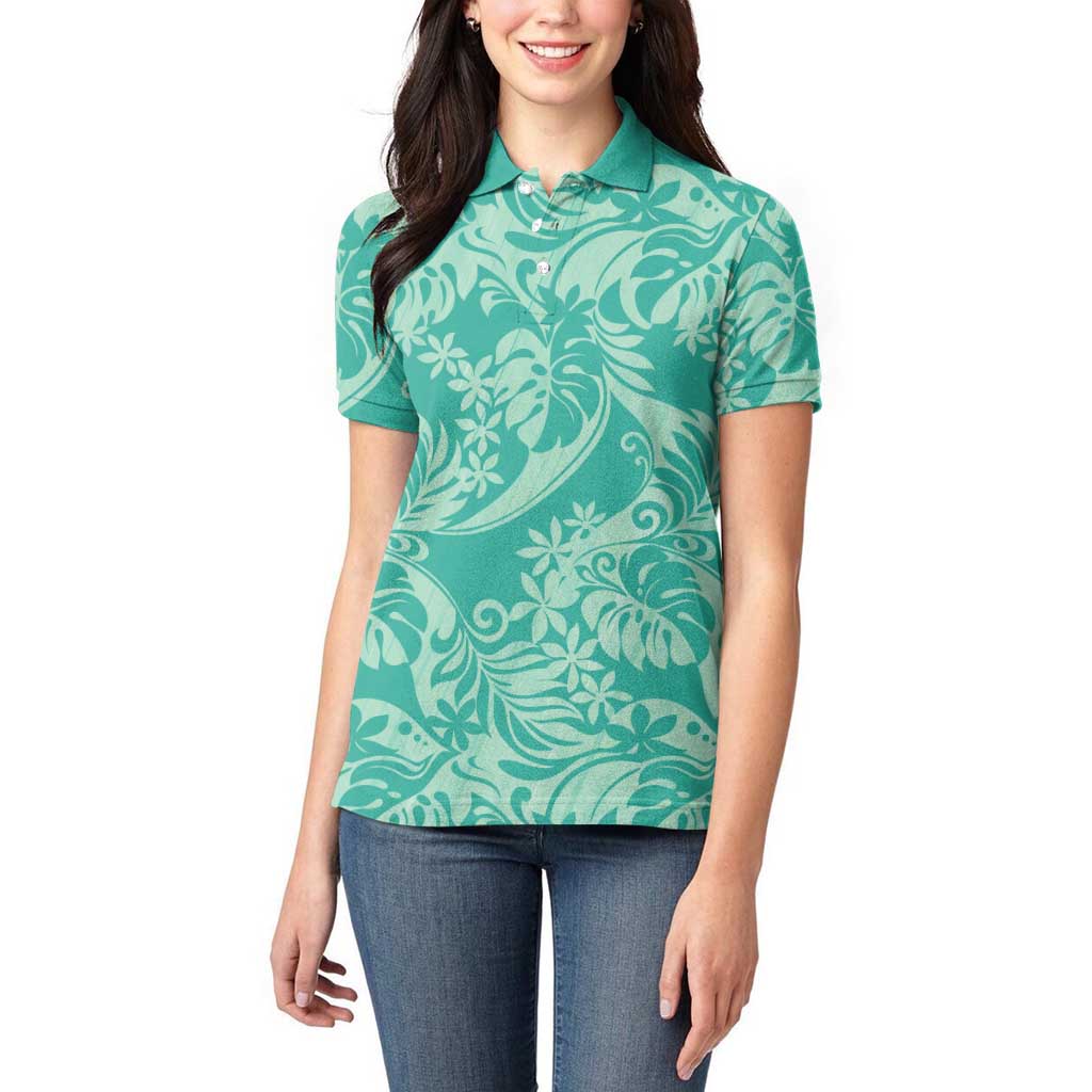Tahiti Teal Tiare Floral Women Polo Shirt Monstera Palm Tropical Leaves - Polynesian Pride
