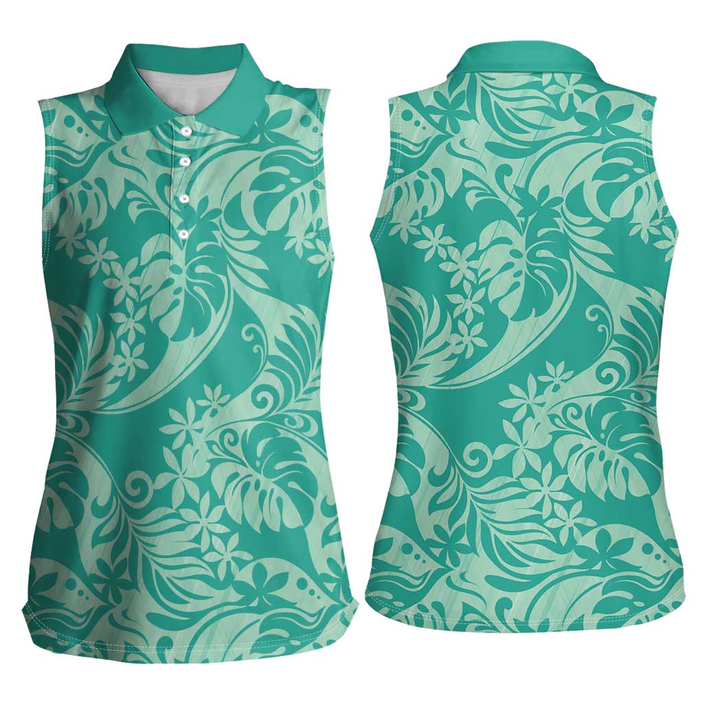 Tahiti Teal Tiare Floral Women Sleeveless Polo Shirt Monstera Palm Tropical Leaves LT01 - Polynesian Pride