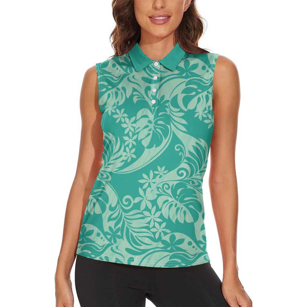 Tahiti Teal Tiare Floral Women Sleeveless Polo Shirt Monstera Palm Tropical Leaves LT01 - Polynesian Pride
