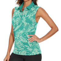 Tahiti Teal Tiare Floral Women Sleeveless Polo Shirt Monstera Palm Tropical Leaves LT01 - Polynesian Pride