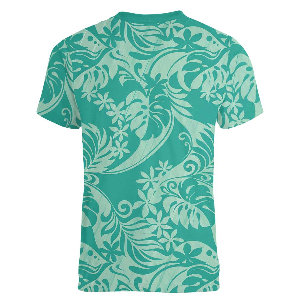 Tahiti Teal Tiare Floral Women V-Neck T-Shirt Monstera Palm Tropical Leaves LT01 - Polynesian Pride