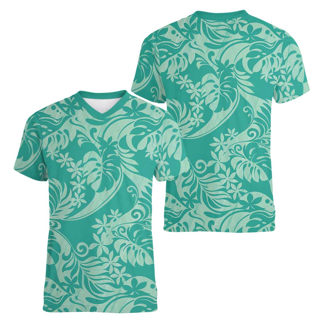 Tahiti Teal Tiare Floral Women V-Neck T-Shirt Monstera Palm Tropical Leaves LT01 - Polynesian Pride