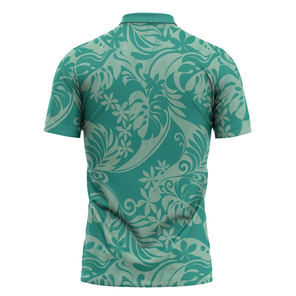 Tahiti Teal Tiare Floral Zipper Polo Shirt Monstera Palm Tropical Leaves - Polynesian Pride