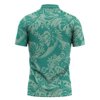 Tahiti Teal Tiare Floral Zipper Polo Shirt Monstera Palm Tropical Leaves - Polynesian Pride