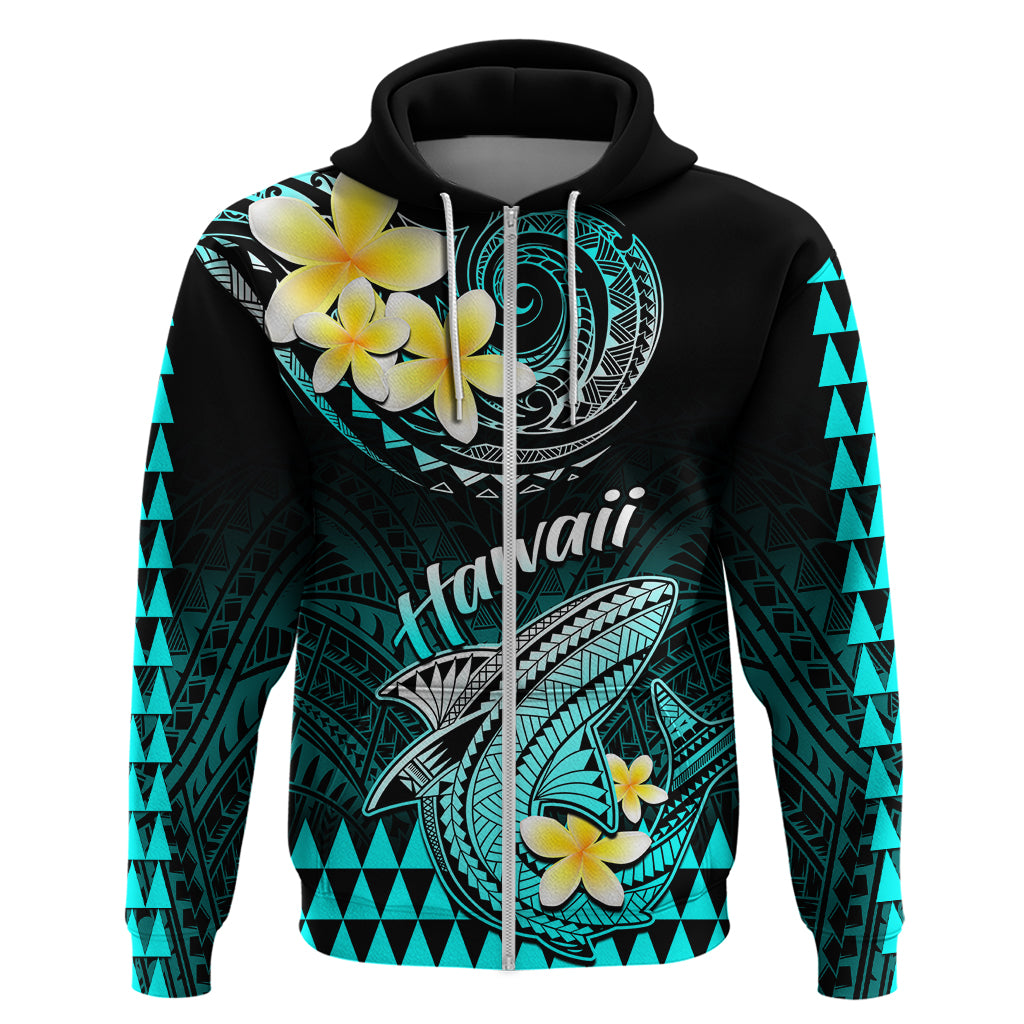 Hawaii Hoodie Polynesian Shark with Kakau Turquoise Version LT01 Zip Hoodie Turquoise - Polynesian Pride