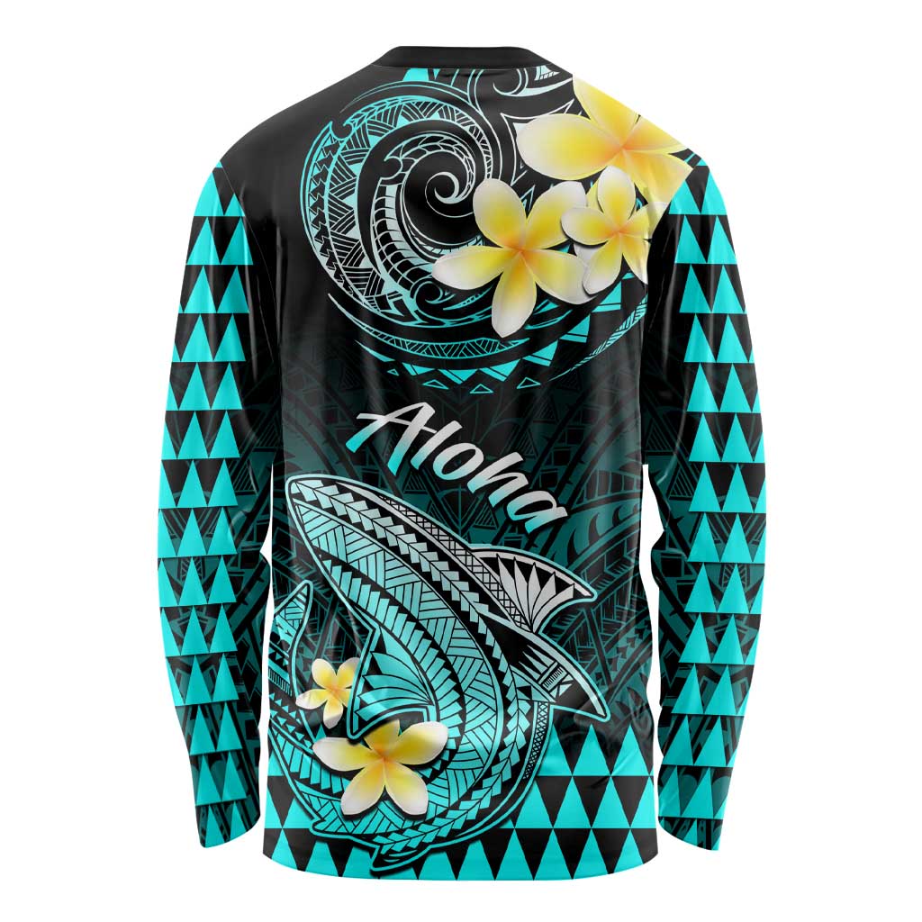 Hawaii Long Sleeve Shirt Polynesian Shark with Kakau Turquoise Version LT01