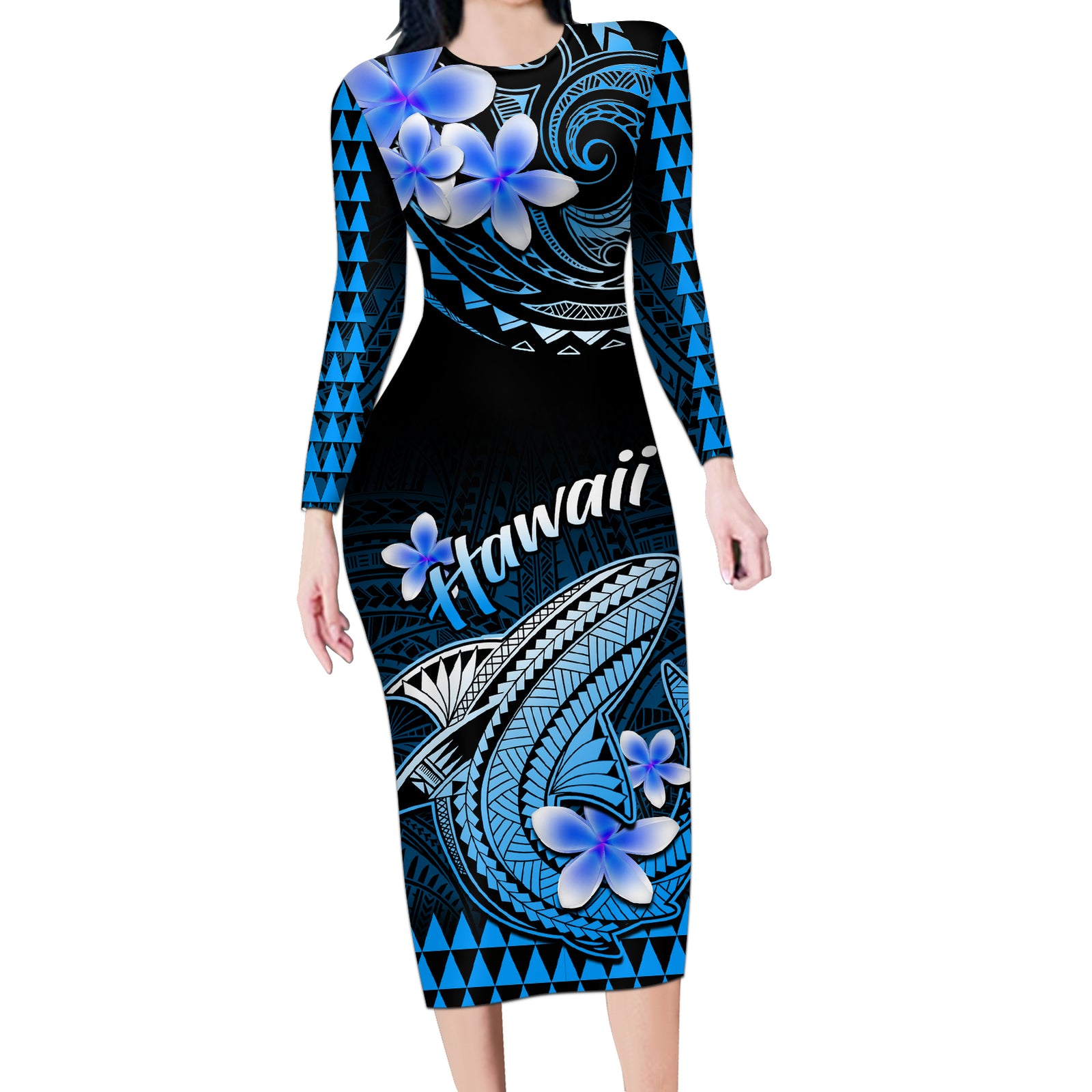 Hawaii Long Sleeve Bodycon Dress Polynesian Shark with Kakau Blue Version LT01 Long Dress Blue - Polynesian Pride
