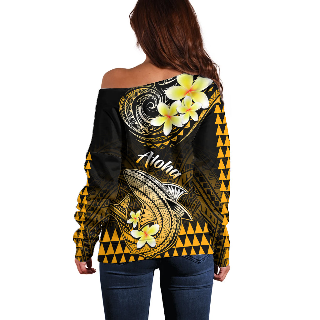 Hawaii Off Shoulder Sweater Polynesian Shark with Kakau Gold Version LT01 - Polynesian Pride